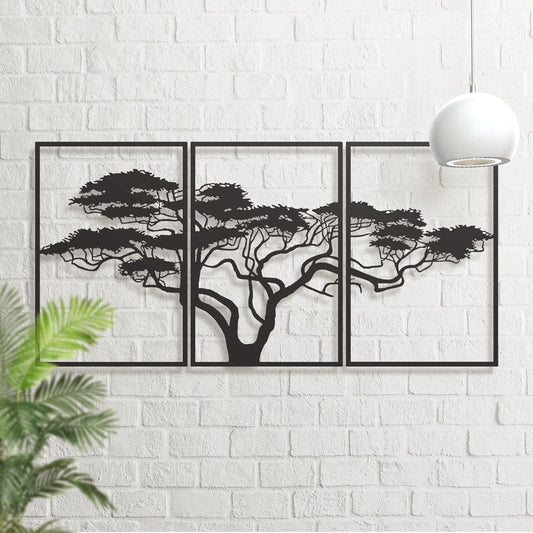 HELLOYOUNG Modern Black-Brown Iron Metal Three-Panel Realistic Natural Trees Art Plaques/Size: 36.61 x 14.41 inches