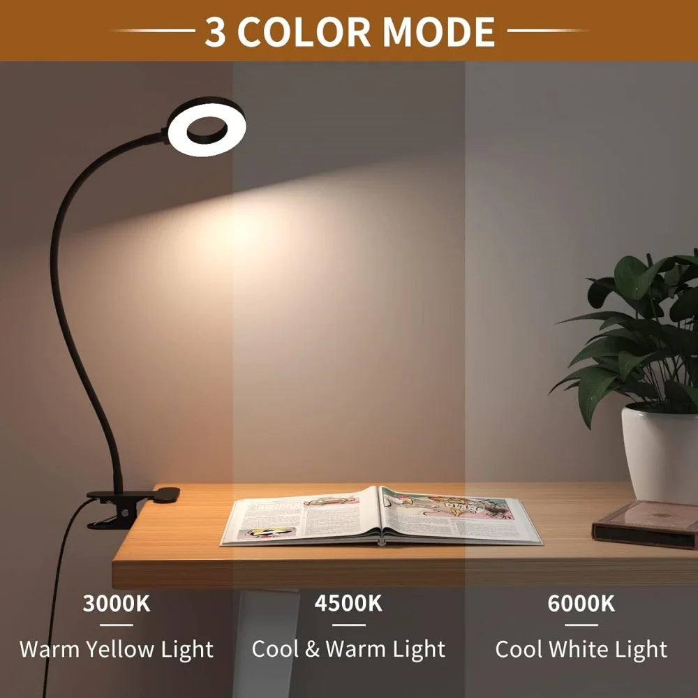 OSITE SKY Anti-Blue Portable Sturdy Clamp-On Cool-Warm White-Daylight LED 3 Colors Modes Flexible Gooseneck White-Black Ring Light Controller Dimming 10 Brightness Level USB-Powered Eye-Protection Reading Desk Lamps