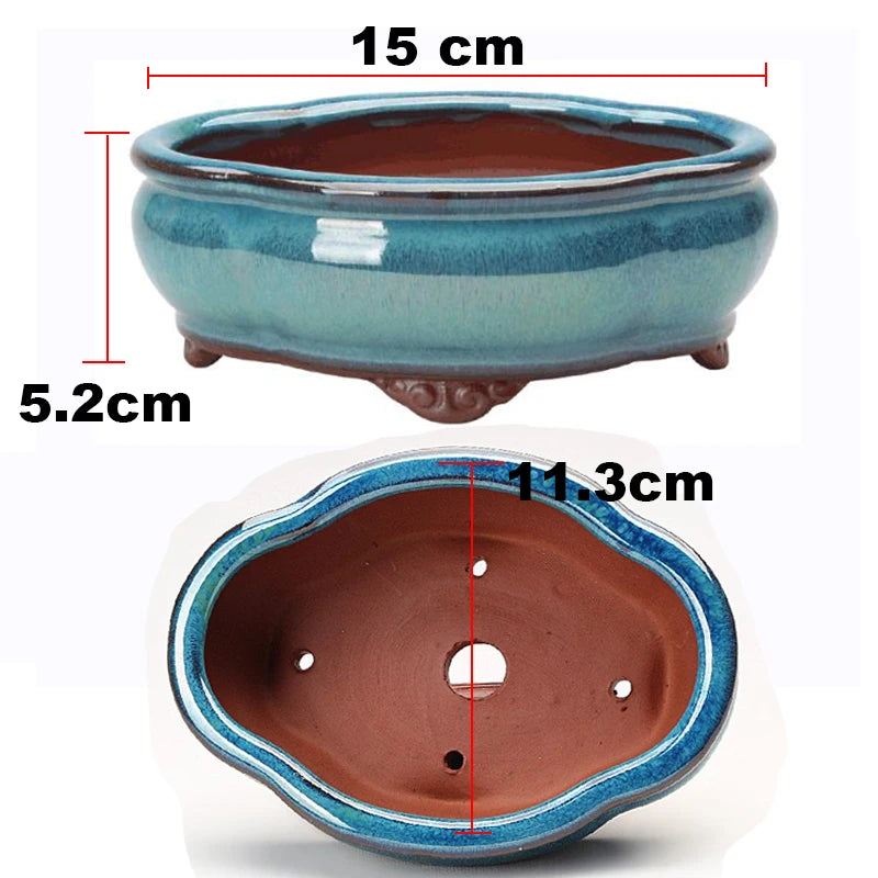 No-EN-Name-Null Home Lightweight Green Glazed Round Shaped Ceramic Chinese Desktop Bonsai Flower Pots/Sizes: 15 x 5.2 x 11.3 cm/Colors-Multicolor/Blue/Purple/Green/Brown/1 Large Drip Hole-4 Small Drip Holes