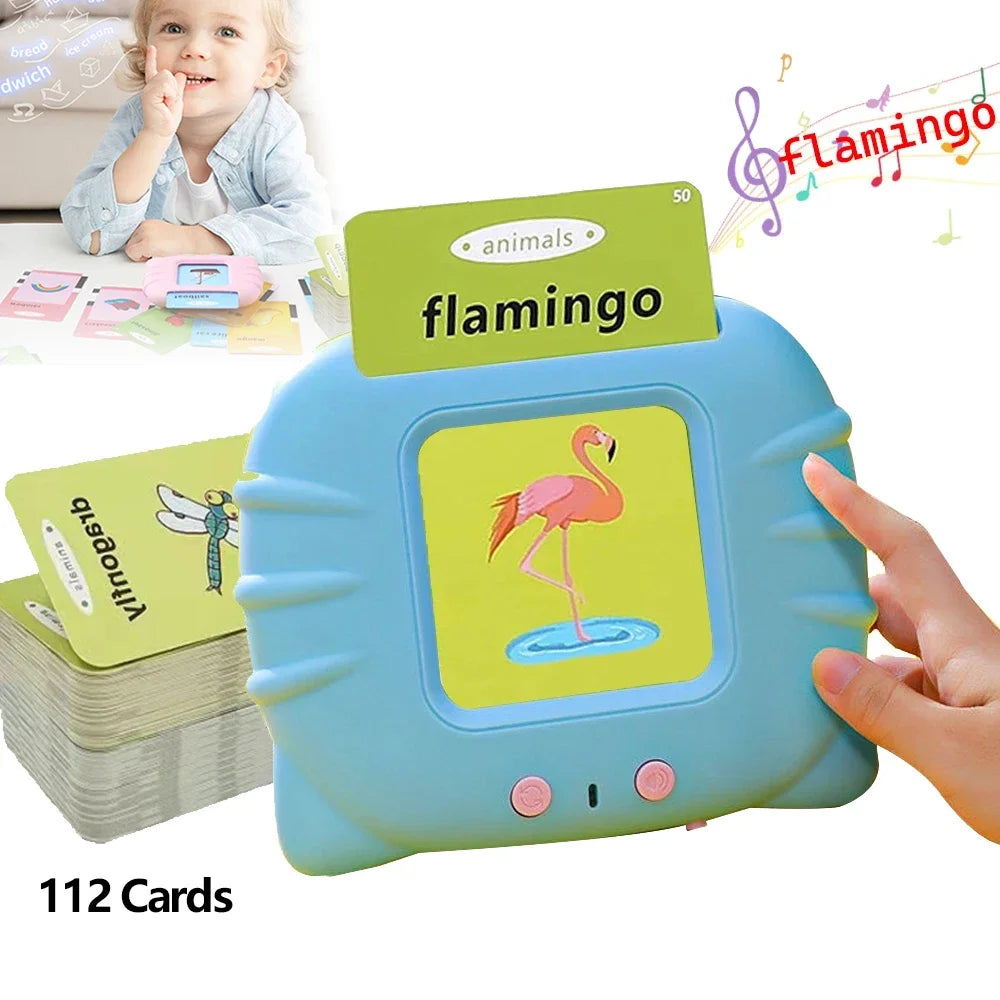 CHRIYUNGEL Kids Early Education English Talking Curved Edges Safe Non-Toxic Pink-Blue Plastic Square Built-In Battery Musical Electronic 112 Flashcards Audio Books Educational Flash Cards / USB Charging Cord/Ages: 3-8 Years Old