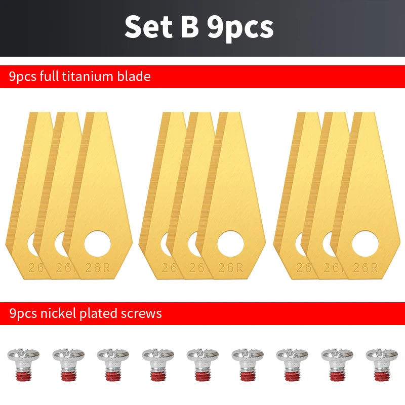 ONNFANG 9 PCS Pack Tool Replacement Petrol-Gas Power Lawn Mower Wear-Resistant Anti-Rust Silver-Gold Coated Titanium-Plated Steel Robot Lawn Mower Blades