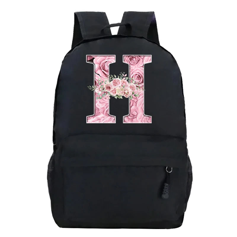 No-EN-Name-Null Waterproof Large Black Softback Nylon Fabric Printed Floral Pink Rose First Name Initial Letter Curved Back Zipper Canvas Lining Built-In Laptop Compartment Shoulder Straps-Handle Zippered External Pockets School Backpacks
