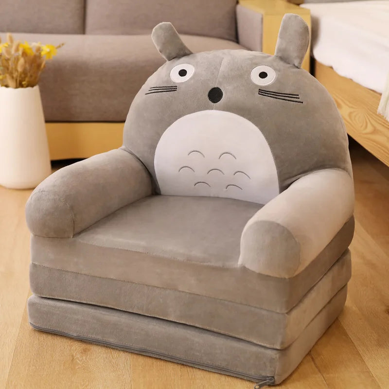 MDNG Modern Kids Customized Upholstered Padding Cute Soft Gray Velvet Fabric Cartoon Animal Faces Folding-Out Play Arm Chairs/Sponge Filling/Colors-Green/Pink/Yellow/Gray/Animals