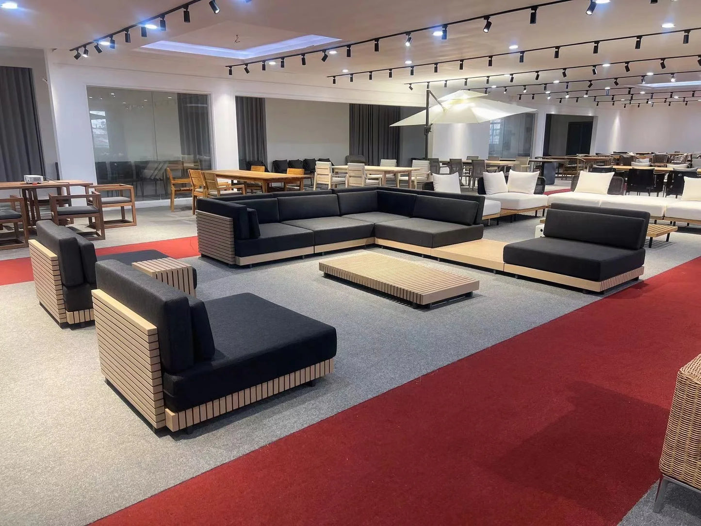 No-EN-Name-Null Outdoor Gray Soft Fabric Cushions Solid Brown Teak Wood Base Aluminum Frame Patio Sofa Sectional-Rectangle Shaped Coffee Table-Chairs-Ottoman Sets/Colors-Brown/Black/Gray/White/Silver/Multicolor
