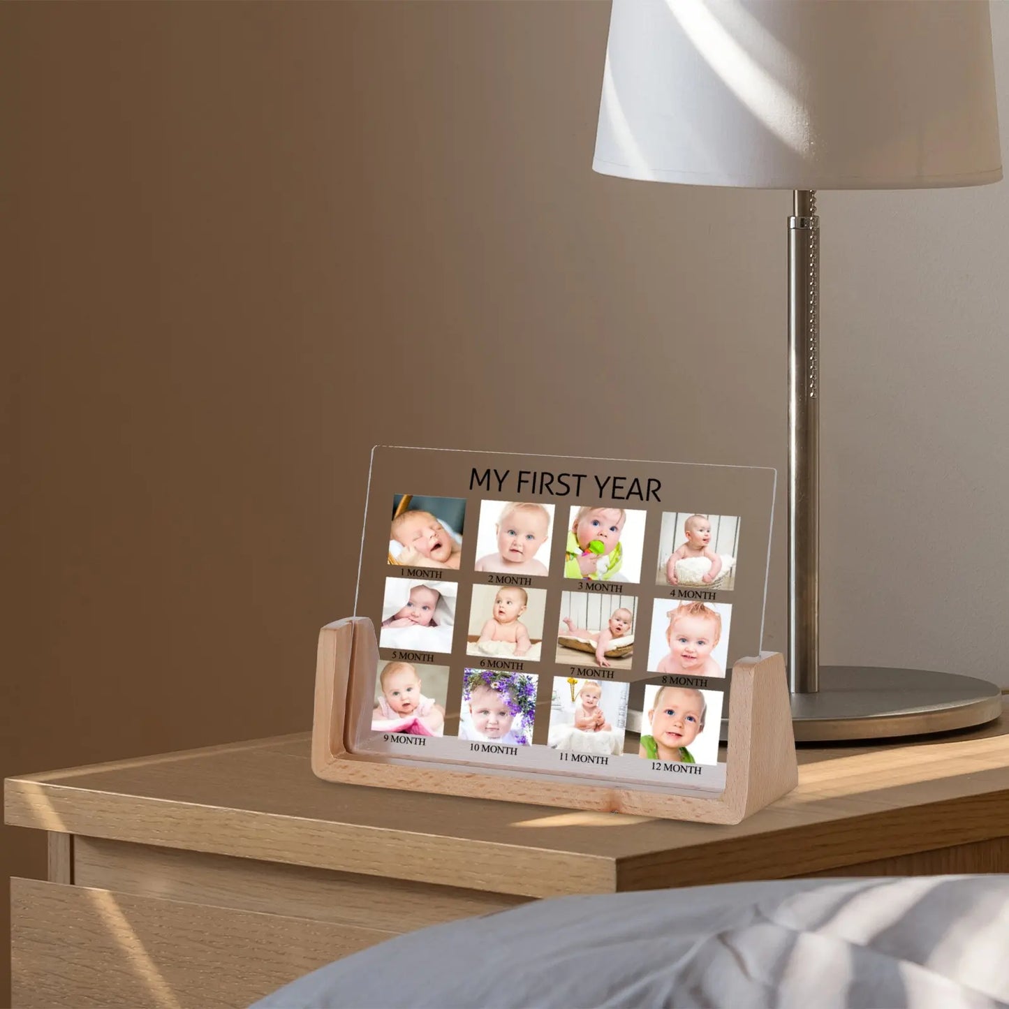 Rectangle Beech-Walnut Wood Trim Acrylic Plate Personalized My First Year Picture Frames/Sizes: S-6 x4 inch-M-7 x 5 inch-L-8 x 6 inch /Colors-Brown/Beige