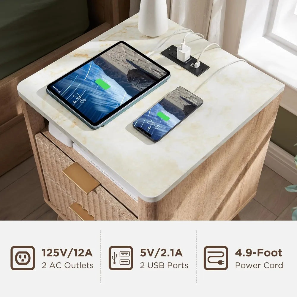 ANGDUO White Faux Marble Top-Fluted Oak Wood Earth-Tone Veins Nightstands/Charging Station 2 AC outlets- 2 USB ports  / 2 Drawers /Dimensions: 18"D x 18"W x 24"H/ Colors-Natural Oak, Dark Walnut, Dark Gray, Solid White