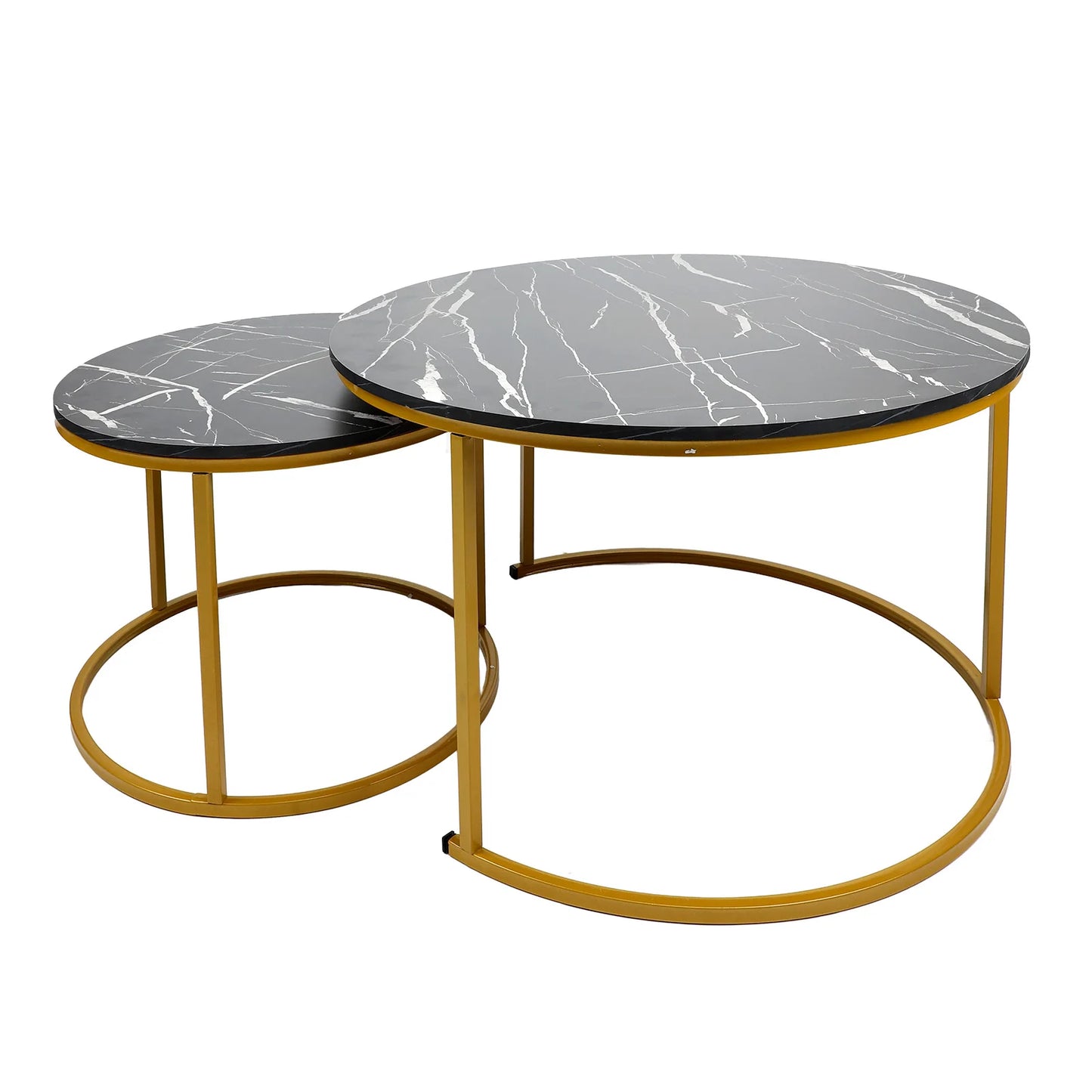 TOPINCN Modern 2 PCS Round Black Marvel White Grain Top Gold Metal Circle Frame Interlocking Stacking Coffee Table Sets/Colors-Black