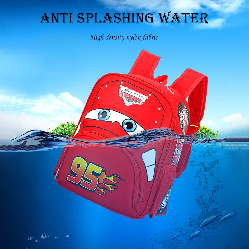 MINISO Kids Kindergarten Cute Cartoon Disney CARS Movies-TV Design Double Zippers Anti-Splashing Waterproof Red-Blue Nylon Fabric Shoulder Straps Exterior Pockets Side Water Bottle Holder School Backpacks