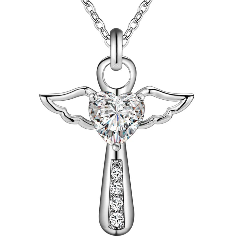 GINSTONELATE Adult Unisex Women Sterling Silver Metal Angel Shaped Purple Crystal Heart Zircon Inlaid Clear White Glass Stones Fine Pendant 18 Inch Rope Chain Necklaces/Colors-Silver/Purple/White