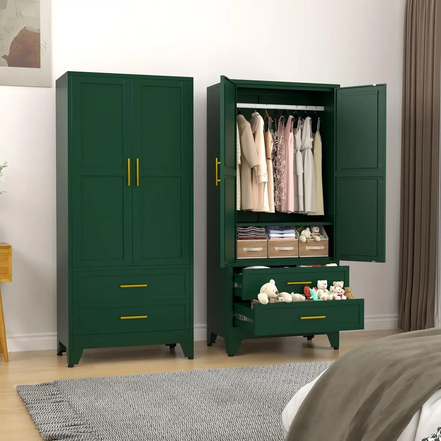 No-EN-Name-Null Modern Rectangle Large White-Black-Gray Two Door Storage Closet Adjustable Shelves One Hanging Steel Metal Rail Rod Two Sliding Drawers Armoire Wardrobes/ Size: 17.72"D x 31.5"W x 70.87"H