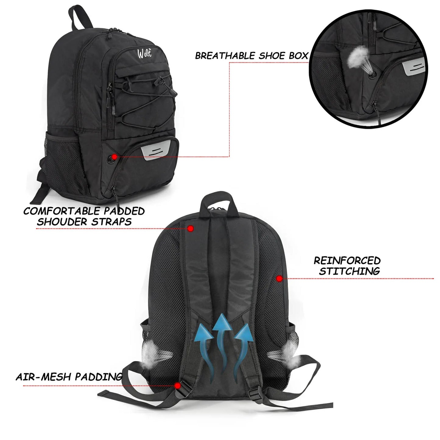 WOLT Young Adults Large Softback Black Polyester Fabric Shoulder Straps-Handle Built-In 16 Inch Padded Laptop Compartment Zipper Front External Pockets Sports Soccer School Backpacks/Colors-Black/Gray/Red/Pink/Blue
