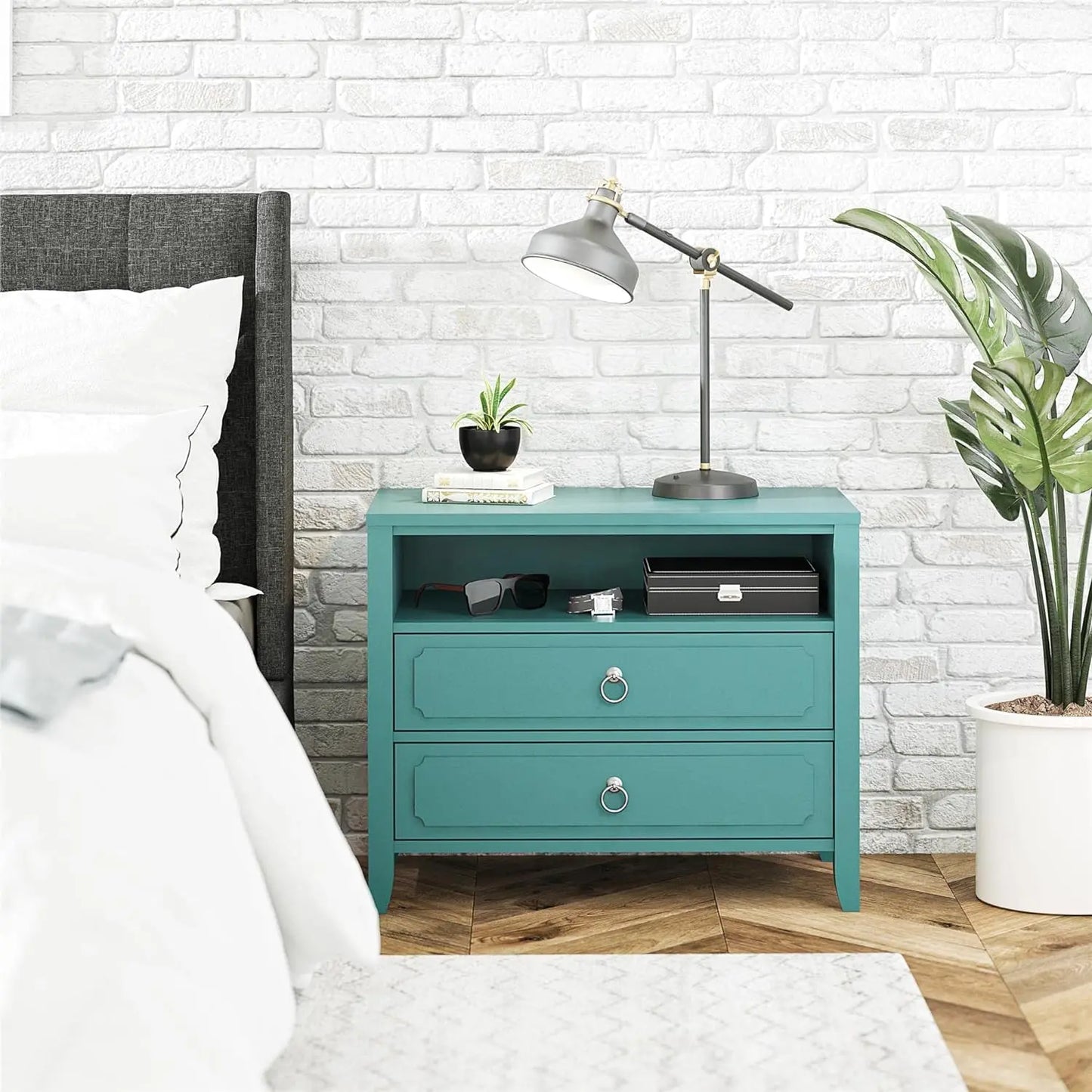 RUO WU Modern Her Majesty Blue Rectangle Shaped Solid Wood Two Drawers Bedside Nightstands/Colors-Mustard Yellow/Blue/Emerald Green/Lavender