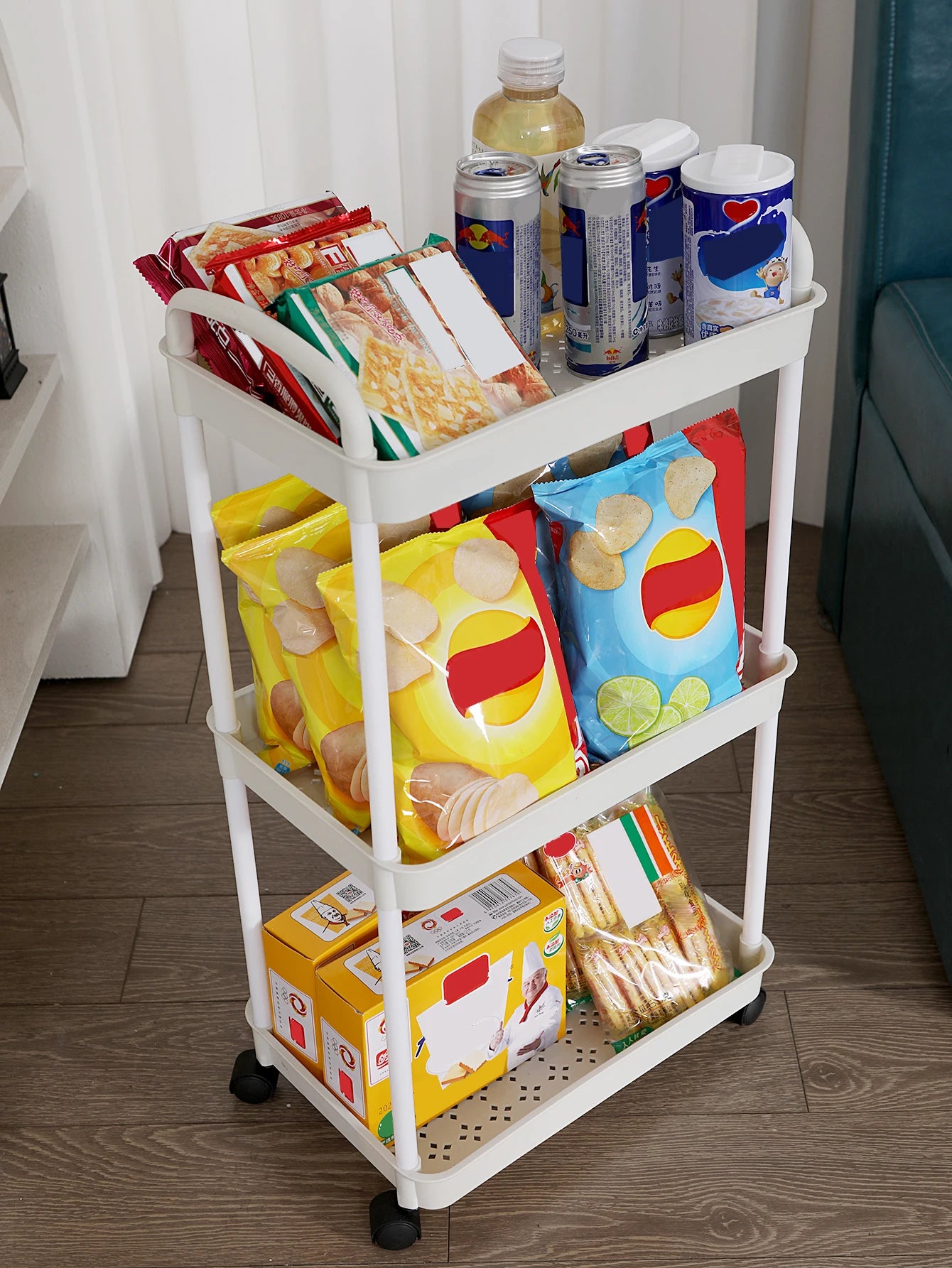 Kitchen 2 Handles Plastic 3-4 Tier Shelves White-Black Storage Utility Carts/ 360 Degrees Rotation/ 2 Easy Lockable Plastic Wheels