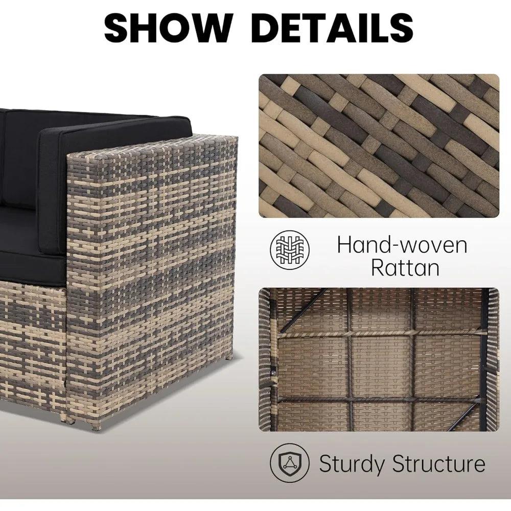 RUO WU 8 PCS Modern Geometric Black-Brown-Beige Zippered Waterproof Soft Cushions-Natural Wicker Rectangular Patio Rattan Outdoor Furniture Sets/Tempered Glass Coffee Table-Storage
