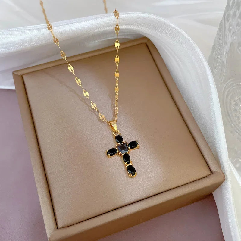 No-EN-Name-Null Women Fine Imitation Stainless Steel Gold-Plated Metal Cubic Zirconia All-Crystal Clear White Shiny Diamond Accents Stones Cross Pendant Necklaces/Colors-Brown/Clear/Green/Gold/Pink