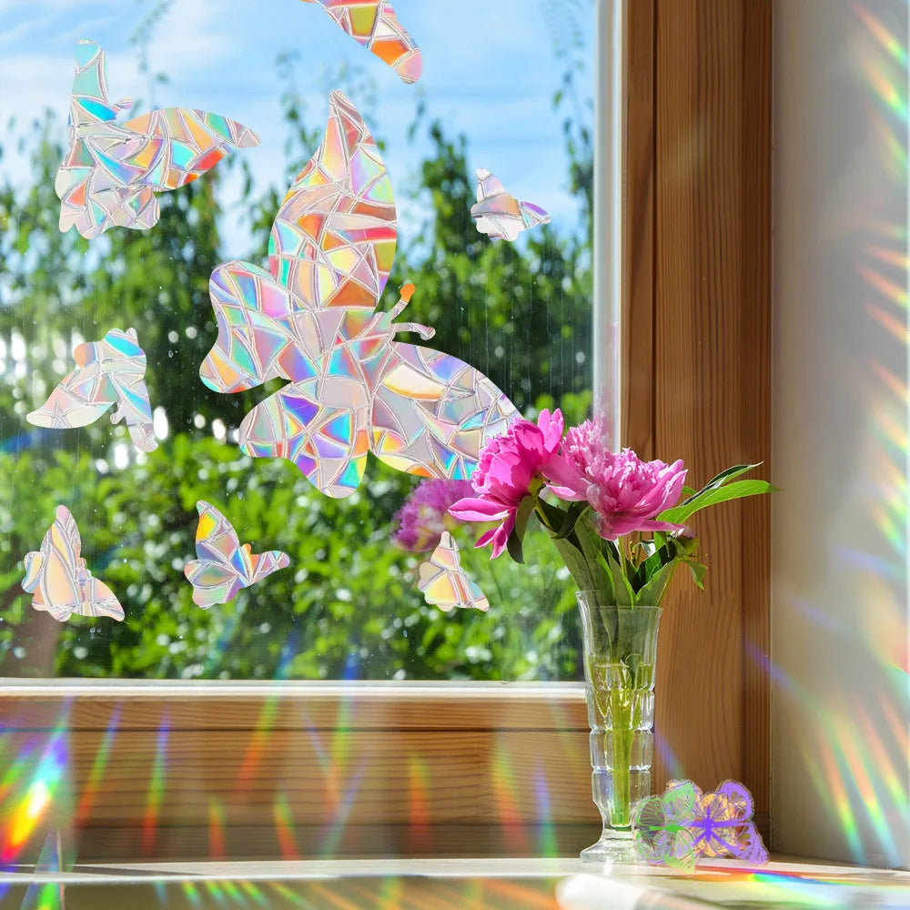 HOMEYAN Kids Non-Adhesive Plastic Film Geometric 3D Rainbow Colors Butterfly Shaped Plastic-Film Wall-Window Glass Stickers Suncatchers/Glue-Paste Needed