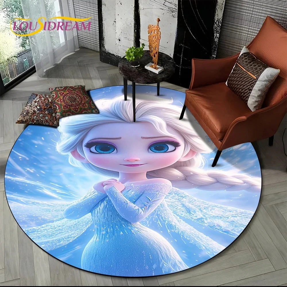 MINISO Indoor-Outdoor Kids Blue Background Round Shaped DISNEY'S Frozen II Movie Cartoon Anime Princess Elsa-Anna-Olaf Design Skid-Proof Bottom Polyester-Flannel Rugs/Colors-Blue/Red/Black/White