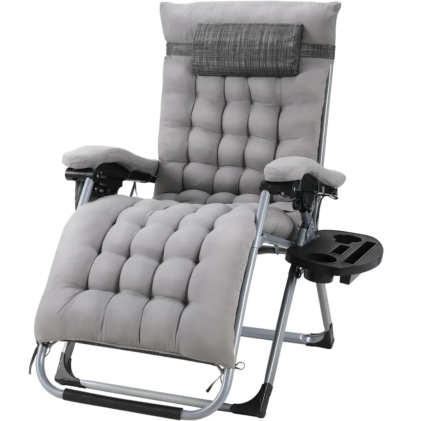 Metal Adjustable Headrest Gray Patio Lounge Chair w/Removable Cotton Cushions/Cup Holders/Size: 160 x 69 x 80 cm 7.6 kg