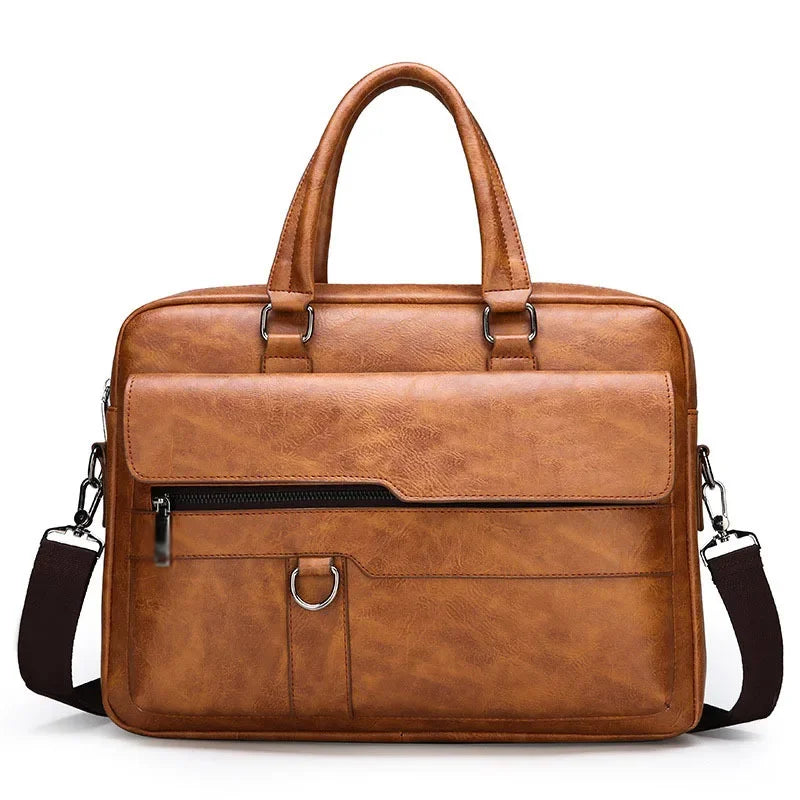 No-EN-Name-Null Men Waterproof Brown-Black Soft Faux Leather Rectangle Shaped Suitcase Padding Interior Polyester Lining Metal Zipper External Pockets Two Handles-Detachable Shoulder Straps External Pockets Built-In Laptop Compartment Business Briefcases
