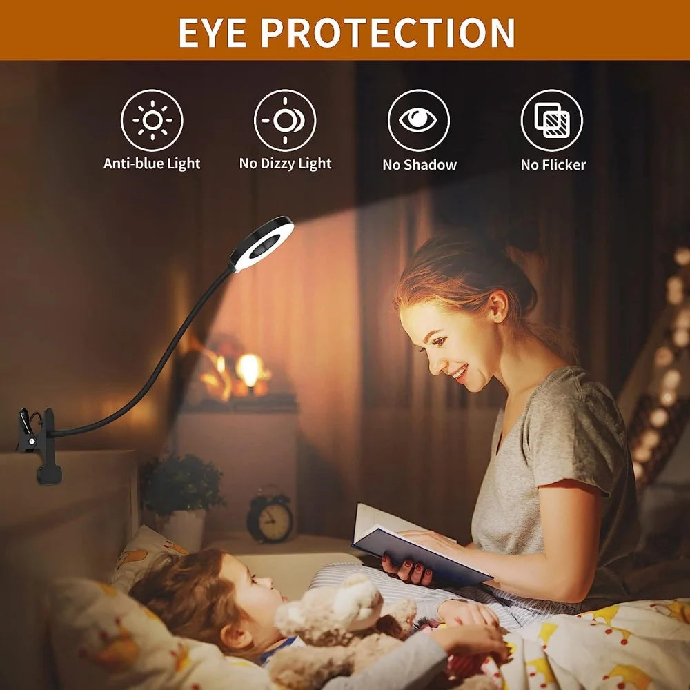 OSITE SKY Anti-Blue Portable Sturdy Clamp-On Cool-Warm White-Daylight LED 3 Colors Modes Flexible Gooseneck White-Black Ring Light Controller Dimming 10 Brightness Level USB-Powered Eye-Protection Reading Desk Lamps