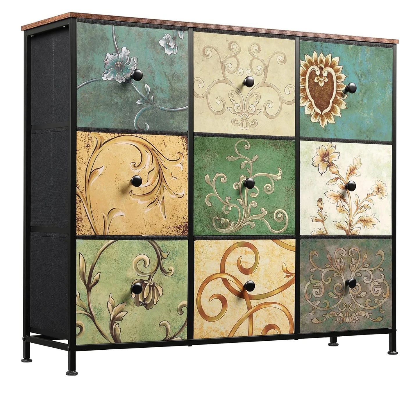 No-EN-Name-Null Antique Style 3-Tier Design Wood Top Nine Large Multicolor Floral Fabric Drawers Steel Metal Frame Dressers/Colors-Multicolor/Black/Floral/Green
