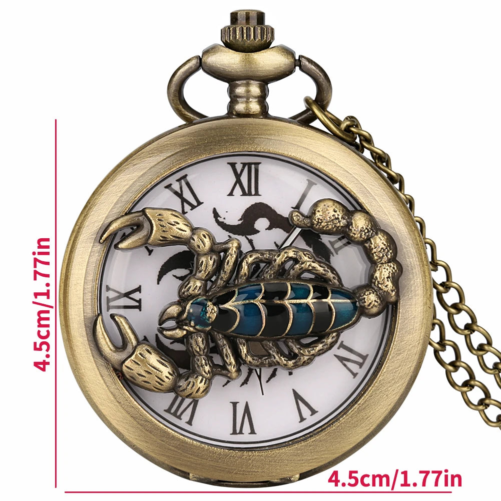 RUNERR Adults Men Vintage Quartz Glass Face Bronze Round Metal Alloy Case Roman Numeral Electronic Drive Mode Scorpion Arachnida Hollow-Out Punk Analog-Digital Display Necklace Chain-Pocket Watches