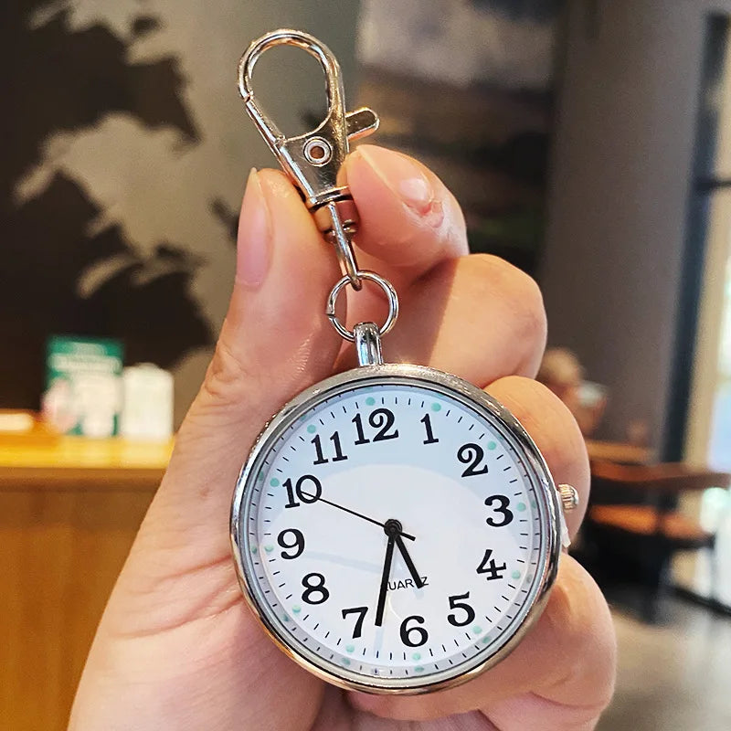 No-EN-Name-Null Antique Waterproof Quartz Glass Face Analog Display Silver Stainless Steel Metal Round Case Arabic Numeral Blue Plastic Covered Keychain Fob Pocket Watches/Colors-Black/White/Pink/Gold/Multicolor