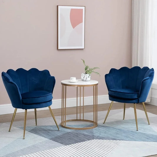 RUO WU Modern 2 PCS Beige-Blue Upholstered Padded Soft Skin-Friendly Velvet Fabric Shell-Shaped Cushions Four Gold Metal Legs Armchair Sets