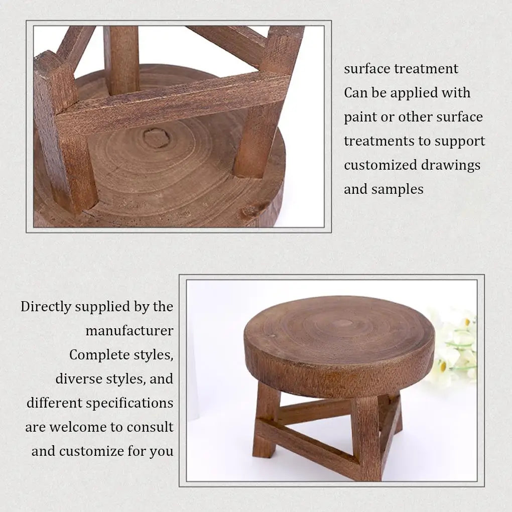 No-EN-Name-Null Countryside Old Antique Backless Smooth Round Shaped Small Hard Flat Seat Top-Brown Solid Tung Wood Triangle Shaped-3 Legs Base Frame Plant Supports