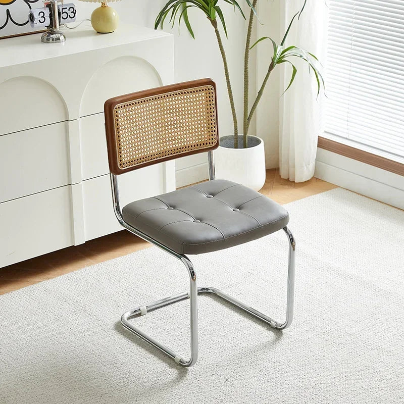No-EN-Name-Null Nordic Armless Woven Rattan Brown Solid Wood Beige Meshed Hard Backrest-Faux Leather Seat Cushion Silver Stainless Steel Metal Frame-Legs Kitchen-Dining Room Chairs/Colors-Brown/Green/Black/Gray/Orange
