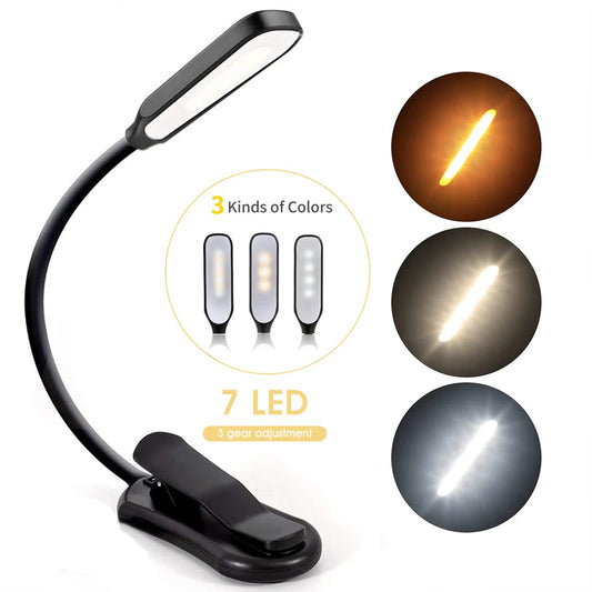 Anti-Blue Light  Mini 7 LED Reading Light Micro USB Rechargeable 3-Level Brightness Flexible Neck Strong Non-Slip Clamp Light Base Lamps/Colors-White/Black/Built-In Rechargeable Lithium Battery/ Standard Android Micro-USB Cable Included