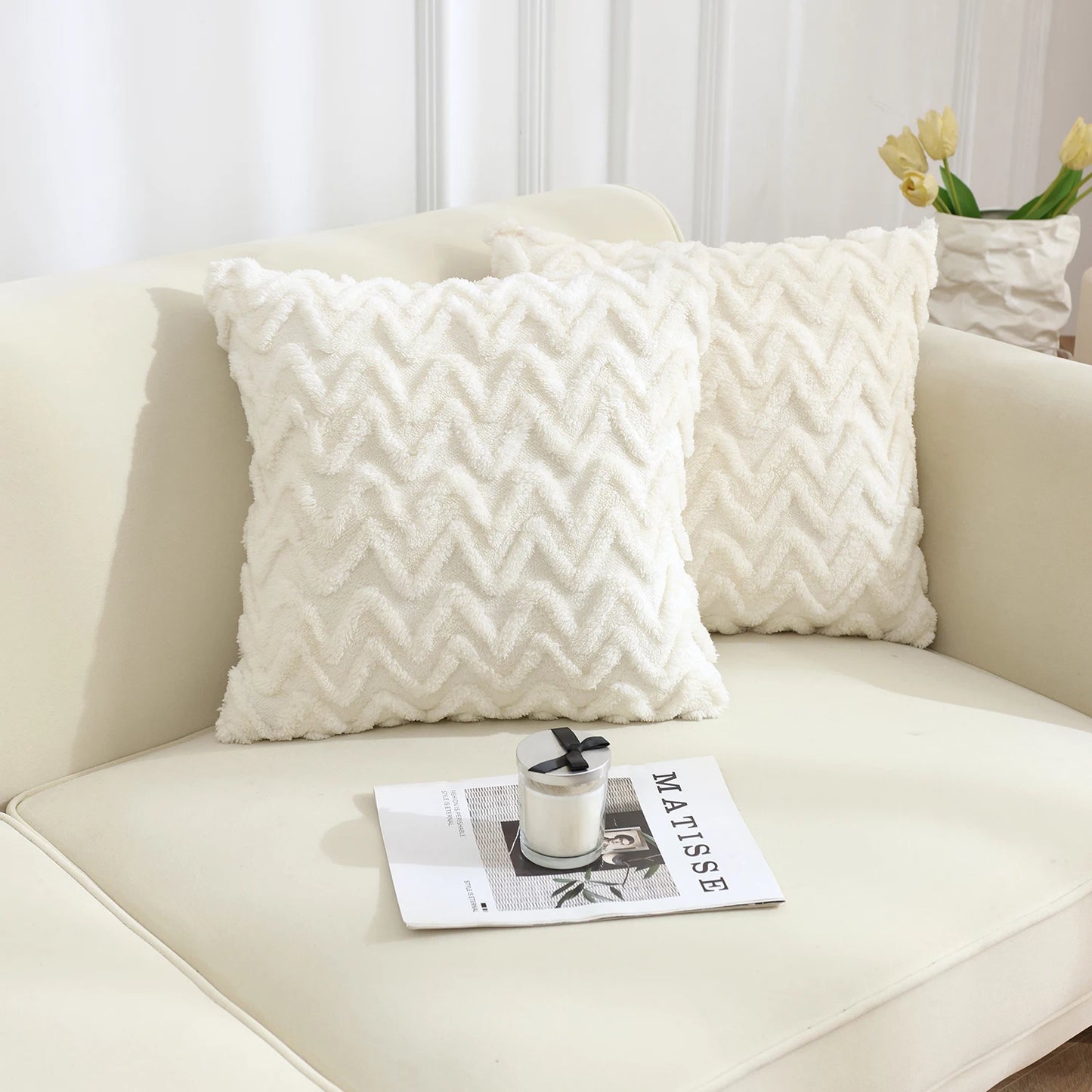 Geometric Polyester White Jacquard Square Plush Throw Pillows