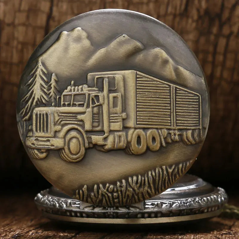 WECIN Adult Men Vintage Bronze Round Shaped Flip-Out Case Analog Display Glass Face Classic Old Kenworth Trucker Design Quartz Pendant Chain-Pocket Watches