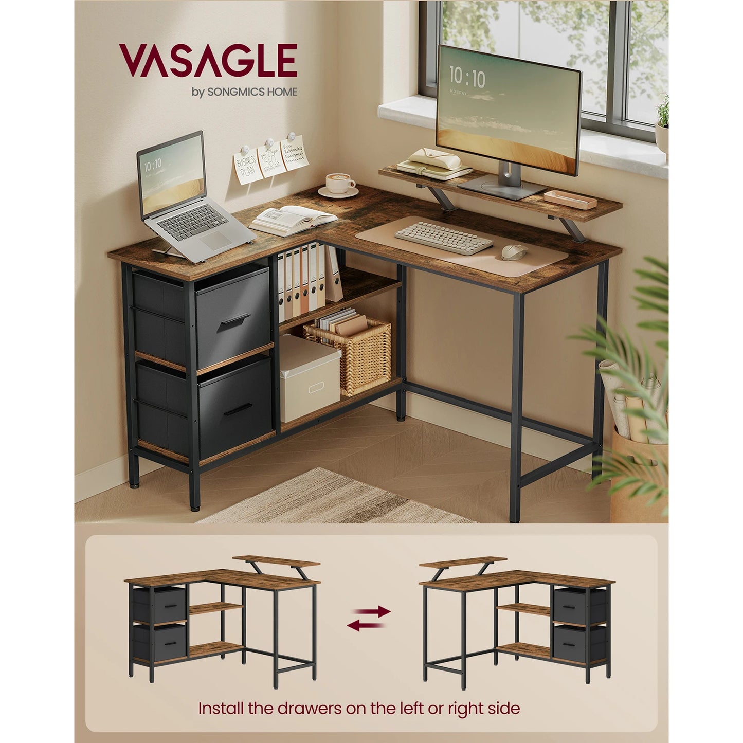VASAGLE Modern L-Shaped Rustic Brown Wood Top-Reversible Drawers Design Black Steel Metal Frame Two Non-Woven Fabric Drawers Corner Middle Shelves 3-Levels Adjustable Height Computer Desks /Size: 115 x 105 x 89cm/Storage Options