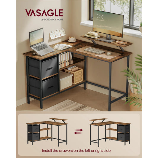 VASAGLE Modern L-Shaped Rustic Brown Wood Top Reversible Drawers Design Black Steel Metal Frame Two Non-Woven Fabric Drawers Corner Middle Shelves 3-Levels Adjustable Height Computer Desks /Size: 115 x 105 x 89cm/Storage Options