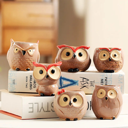 No-EN-Name-Null Nordic Home Creative Succulent Mini Ceramic Cute Owl Shaped Design Tabletop Flower Pots Planters /Colors-Animals/Black/Brown/White