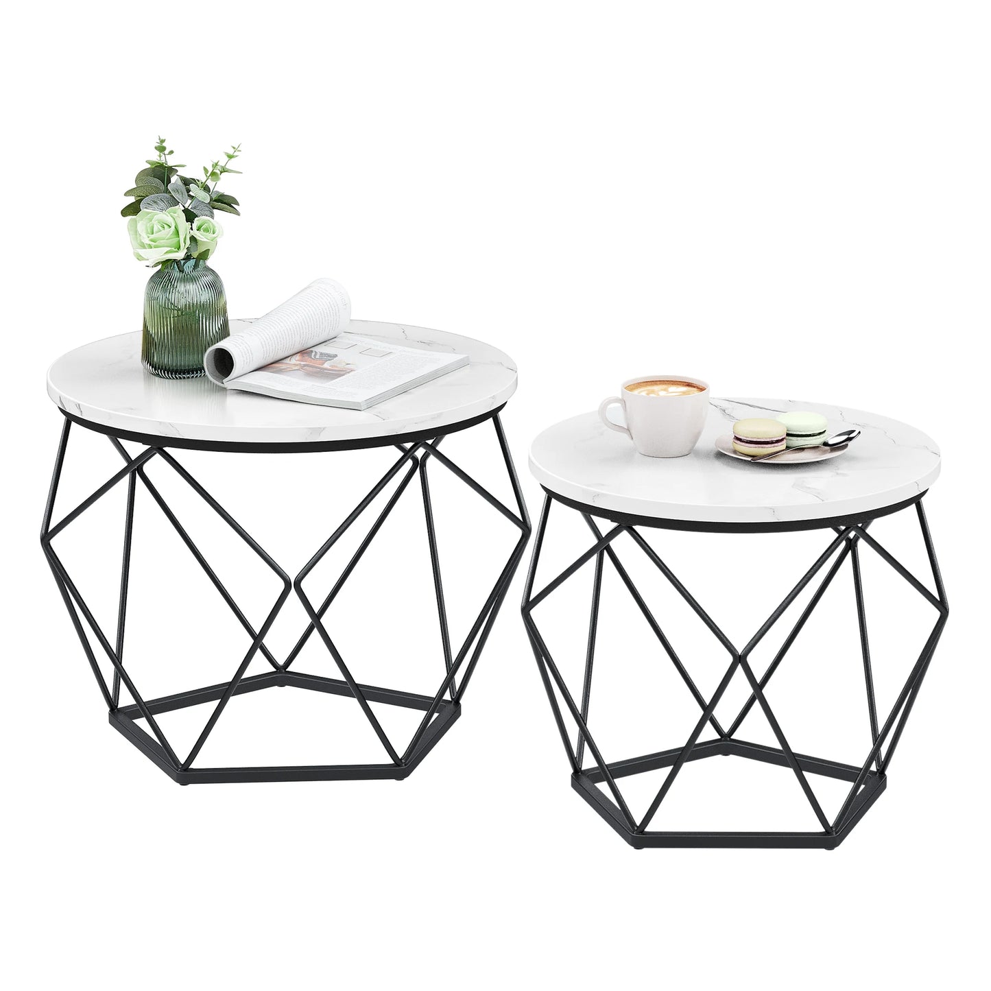 VASAGLE 2 PCS Modern Round Shaped White Marble Top Black Veins Black Steel Frame Coffee Tables Sets /Big Table: 50cm D x 40cm H/Small Table: 40cm D x 36cm H/Weight: 20kg