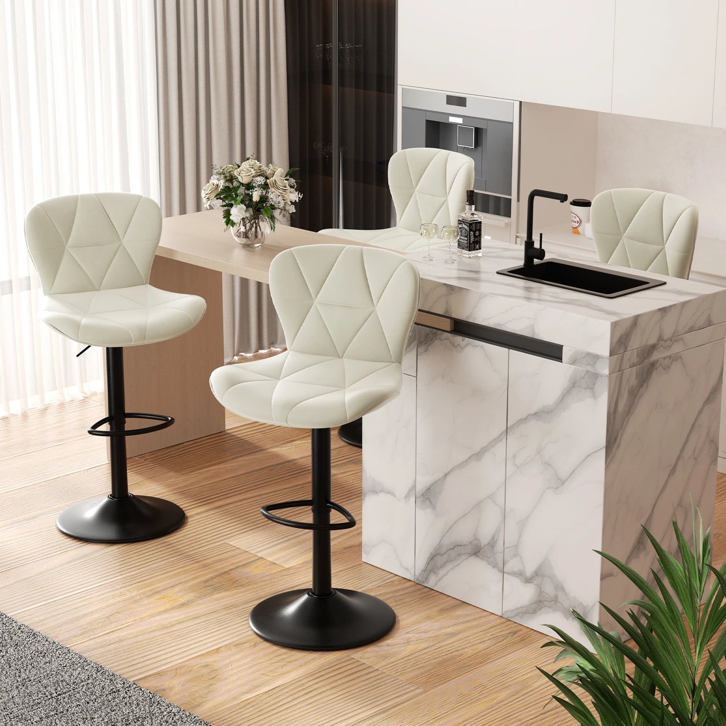 No-EN-Name-Null 2 PCS Waterproof Low Backrest Armless Upholstered Padded Shell Shaped Soft Faux Leather Fabric Seat Cushion Black Metal Round Base-Footrest Bar Kitchen-Dining Room Chair Sets /Colors-White/Beige/Gray/Black/Brown