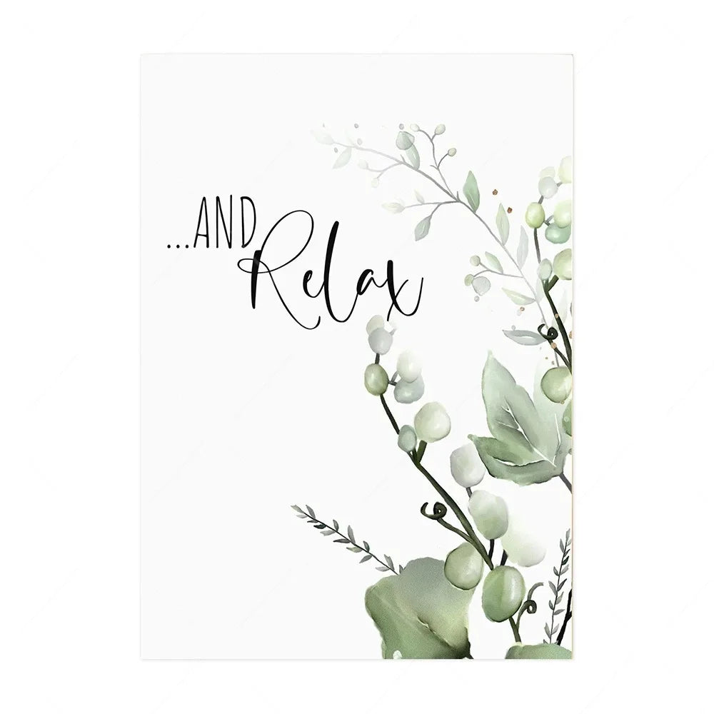No-EN-Name-Null Modern Waterproof Customized Size Unframed Rectangle HD Hand Printed Green Tropical Leaves Design Black Letter Writing Saying-Wash Your Worries Away-Relax-Bathroom Quote Wall Art Prints/Colors-Green/White/Multicolor/Floral