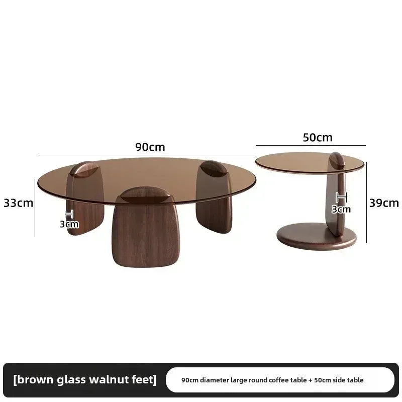 No-EN-Name-Null 2 PCS Modern Brown-Gray Thick High Tempered Glass Round Shaped Tops Solid Oak Rubberwood Three-Legged Design Coffee Table Sets/Easy To Clean/Colors-Gray Glass Tops/Brown Glass Tops