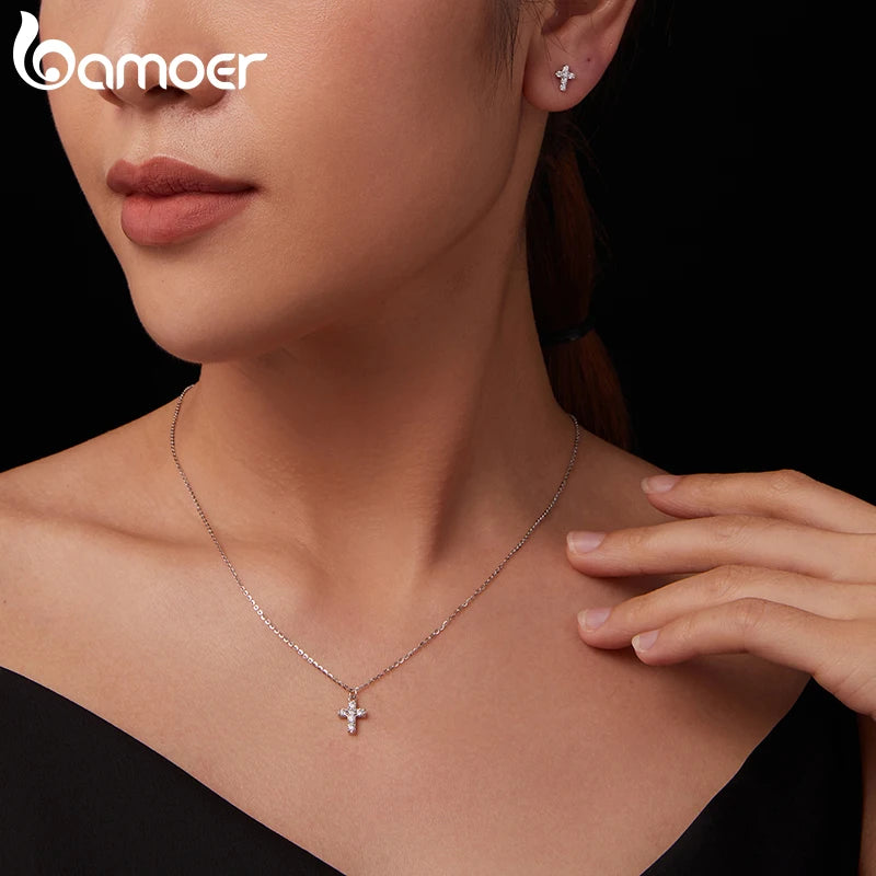 BAMOER Adult Women Fine Imitation Sterling Silver White Gold-Gold-Plated Clear White Shiny Diamond-Like Artificial Moissanite Stones Cross Pendant Push-Back Necklaces-Stud Earrings Jewelry Sets