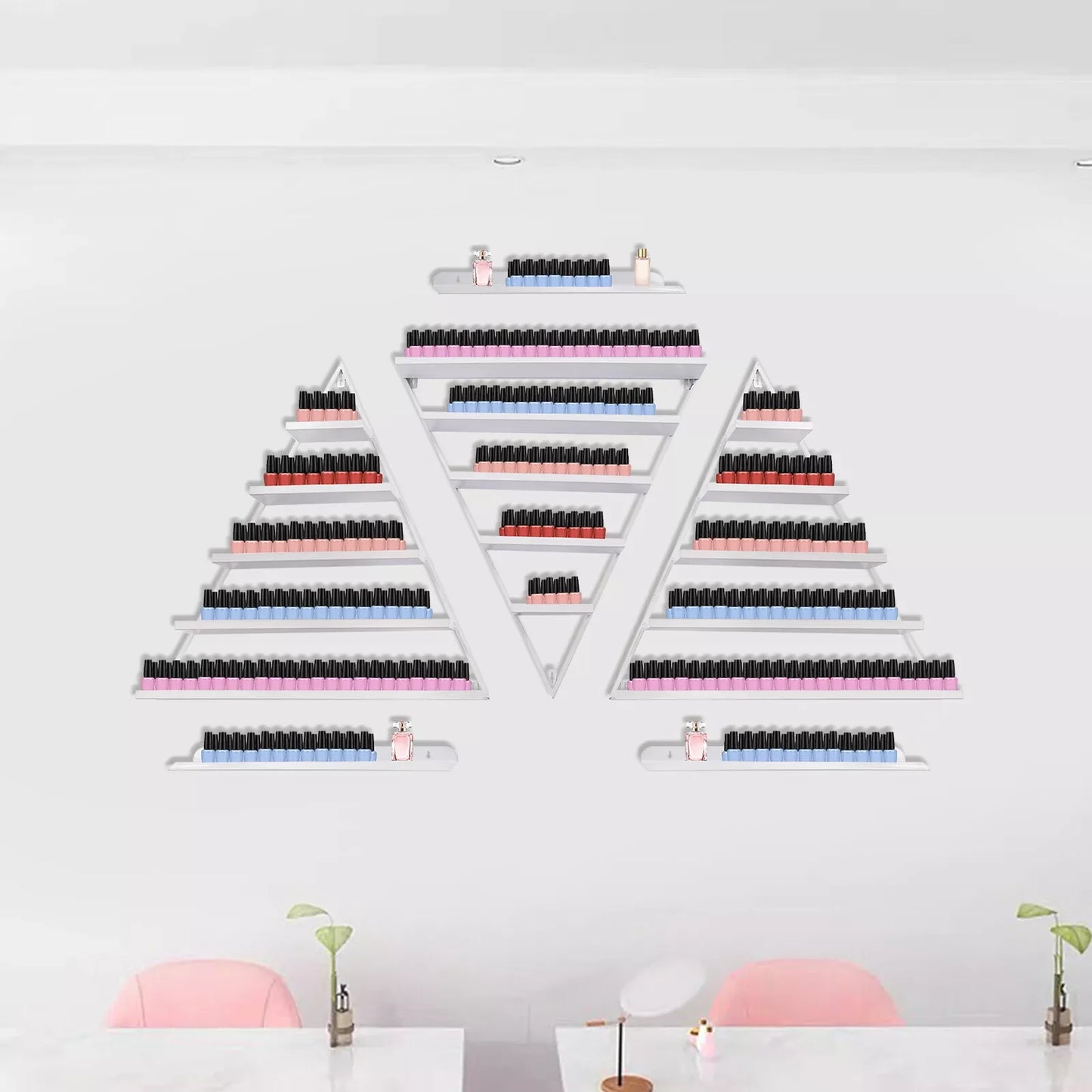 No-EN-Name-Null Modern 5-Tier Structure Round Corners Entire Triangle Shaped White Iron Metal Floating Wall-Mounted Nail Polish Retail Display Props-Models