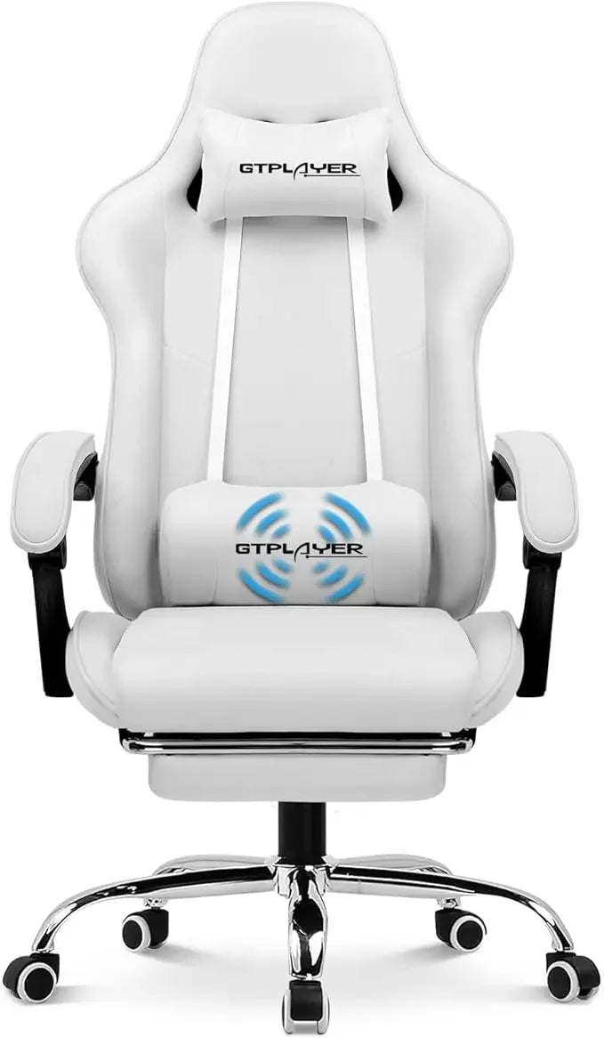 XMSJ Ergonomic Upholstered Padded Black Faux Leather Adjustable Headrest Neck-Back Massaging Lumbar Support Metal Frame Gaming Chairs/5 Plastic Wheels/Colors-Black/Purple/Gray/White/Multicolor