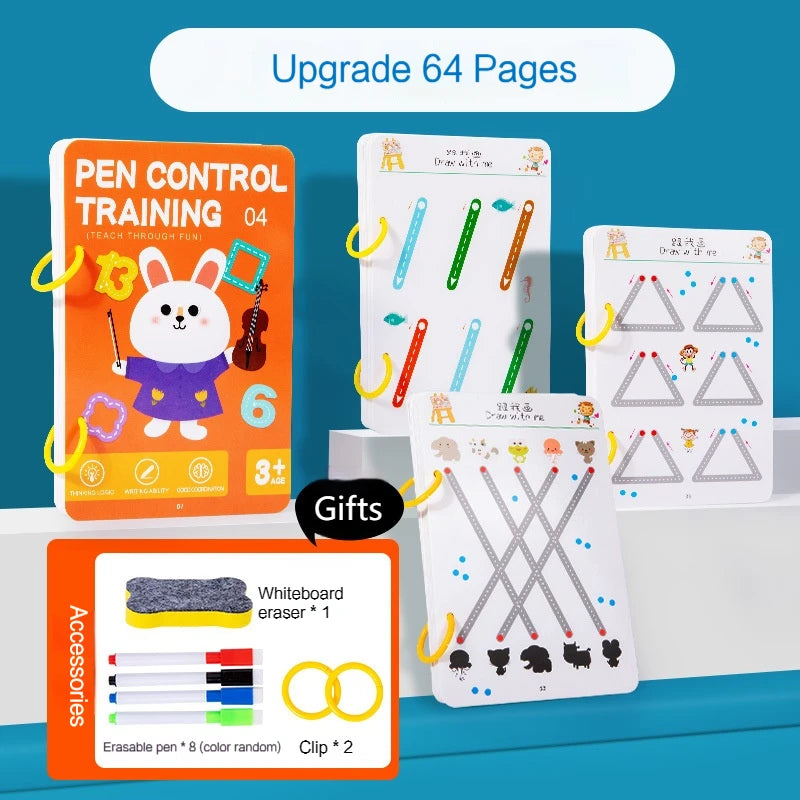 BORRENCE Kids Four Themes Plastic Early Education Fun Magical Pen Control Exercise Practice Tracing Reusable Interactive Reading Geometric Multicolor Cardboard Copybooks Reading Toys /Ages: 3 Years Old-Older