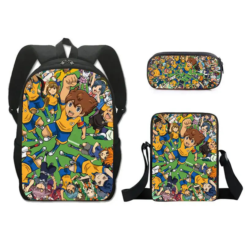 FANTASY VALLEY Women 3 PCS Softback Anime Inazuma Eleven Zippers Waterproof Multicolor Oxford Nylon School Backpacks Sets/ Colors-Black/Blue/Multicolor