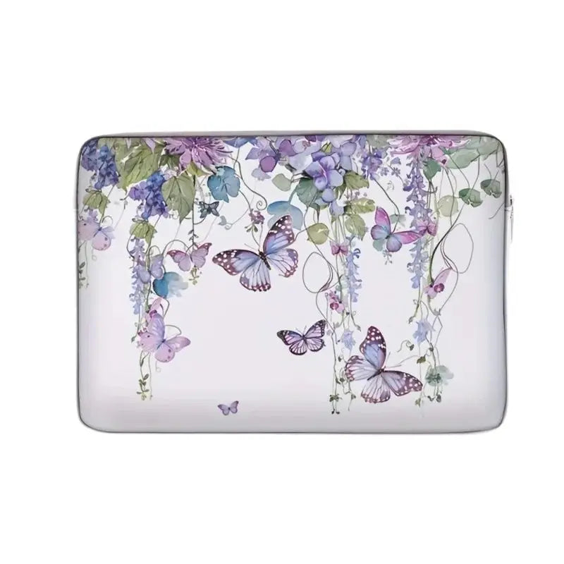 No-EN-Name-Null Modern Rectangle Floral Purple Butterfly Design Polyester Lining Carry Handle Internal Padding Single 14 Inch Laptop Compartment Zippered Bag Briefcases/ Suitable for 14 inch Laptops/With Handle/Without Handle
