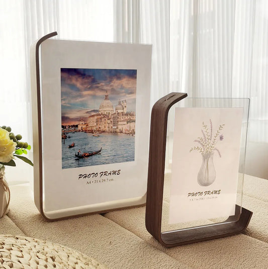 Rectangle Double-Sided Clear Acrylic Cover L-Shape Beech Wood Base A4 Photo Frames/Colors-Brown/Beige/Clear