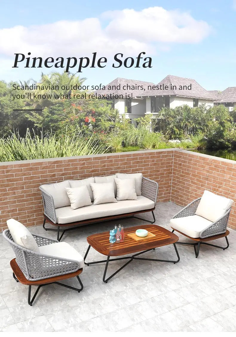 No-EN-Name-Null Outdoor Waterproof Beige Cushions Brown Solid Pineapple Wood Sitting Board Light Gray Plastic Mesh Backrest Black Aluminum Metal Base Patio Sofa Sets/ 2 Solid Wood Sitting Board Chairs/  1 Solid Wood Sitting Board Coffee Table