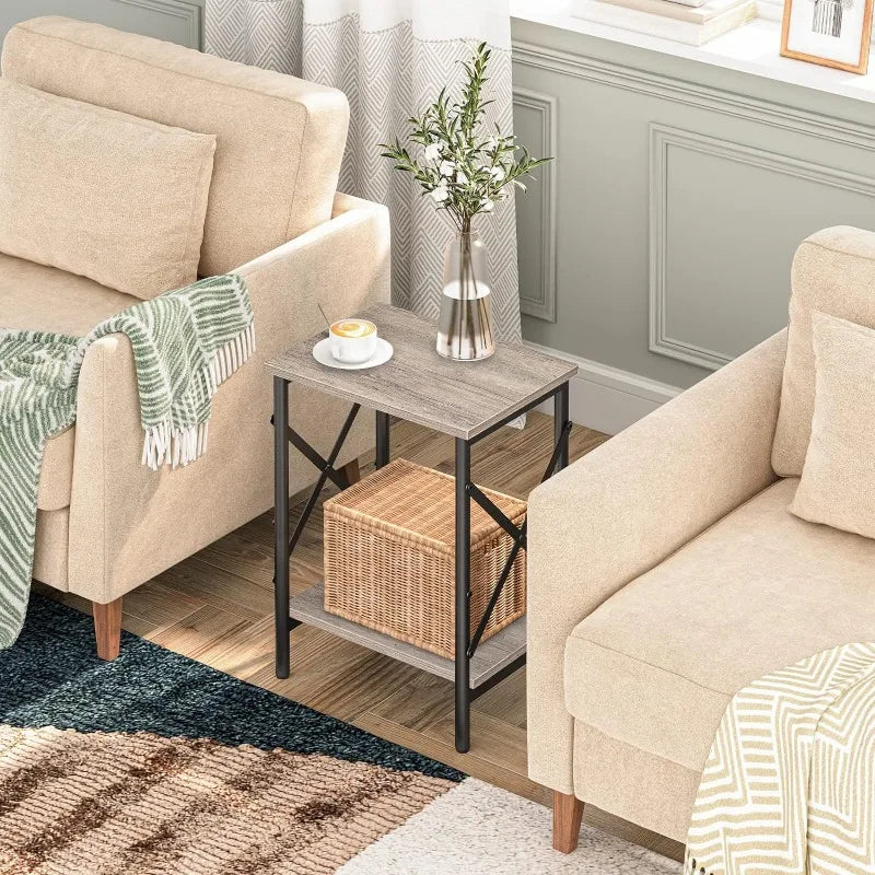 OEING 2 PCS Industrial Design Brown Wood Top Black Iron Metal Frame Adjustable Feet End Table Sets/ 1 Storage Shelf/Dimensions: 10.6"D x 14.6"W x 19.9"H/Colors-Rustic Brown Black-2/Greige-2