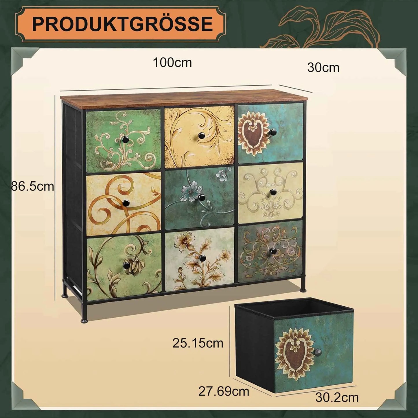 No-EN-Name-Null Antique Style 3-Tier Design Wood Top Nine Large Multicolor Floral Fabric Drawers Steel Metal Frame Dressers/Colors-Multicolor/Black/Floral/Green